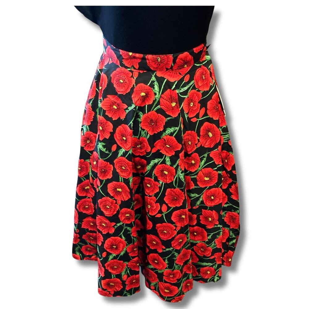 HELL BUNNY NWT Red and black floral poppy print circle skirt vintage style SMALL - Picture 3 of 14